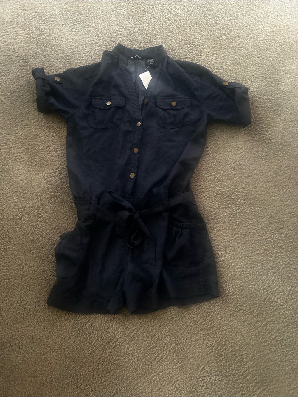 New York & Company Navy Button Romper with Tie Waist